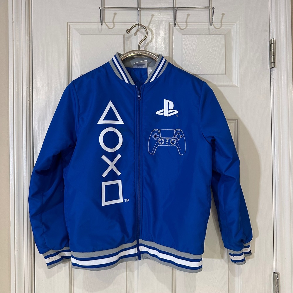 PlayStation Blue Bomber Jacket Varsity Full Zip Controller Symbols Mens Small